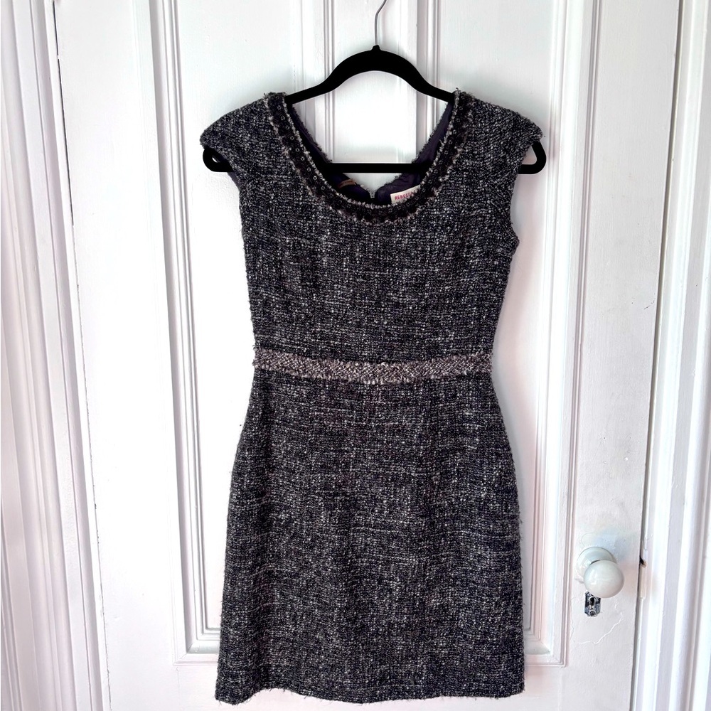 Rebecca Taylor Sequin Boucle Grey Tweed Sheath Dress Back Zip/Slit Lined